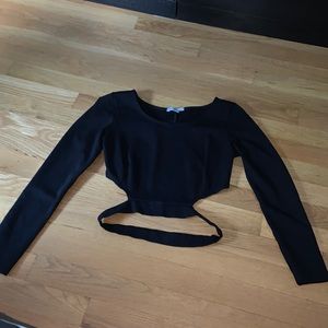 Black long sleeve crop top with open back